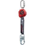 The MH-USA 6 Retractable Lanyard is a red and black self-retracting lifeline featuring a durable metal carabiner at the top and a sleek silver hook at the bottom. Ideal for safety harnesses, it has a clear casing to showcase its internal components.