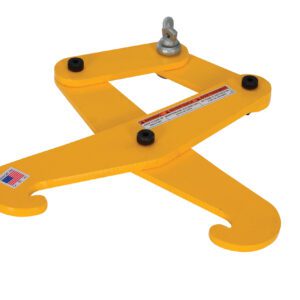 The Vestil Beam Tongs 1 Ton 6 In Max Beam Width clamp features two curved hooks and a central attachment point. It includes a caution label, small American flag sticker, and its yellow metal finish contrasts with the white background.