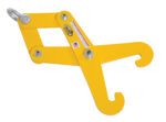 A yellow lifting clamp, like the Vestil Beam Tongs 2 Ton 8 In Max Beam Width, features two hooks, a swivel eye atop, metal bolts, product details, and an American flag sticker.