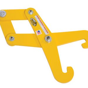 A yellow lifting clamp, like the Vestil Beam Tongs 2 Ton 8 In Max Beam Width, features two hooks, a swivel eye atop, metal bolts, product details, and an American flag sticker.