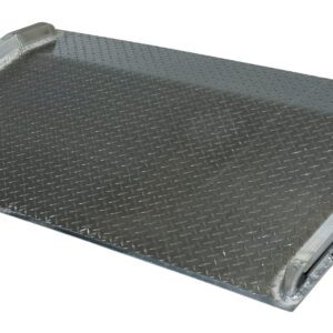 The Vestil Aluminum Truck Dockboard 5000 Lbs 78X54 features a textured surface and raised side edges for stability, with a reflective finish that enhances visibility and ensures safe loading operations.