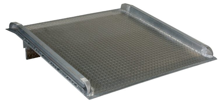 The Vestil Aluminum Truck Dockboard 15000 Lbs 60X48 boasts a diamond-patterned surface with raised edges for safely loading and unloading up to 15,000 lbs, providing efficient vehicle access.
