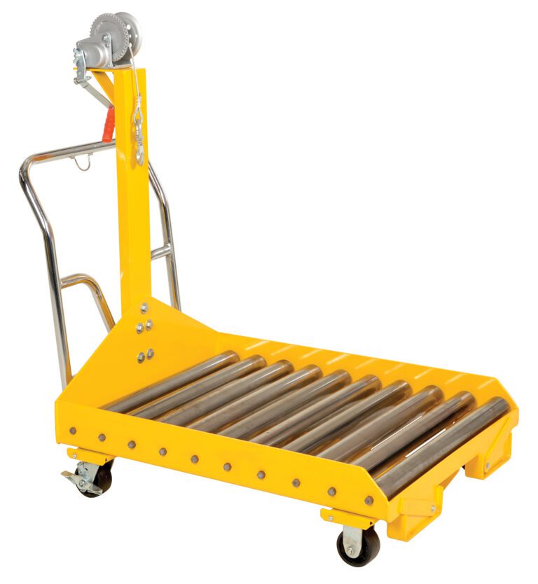 The Vestil Battery Transfer Platform W/Caster Winch is a yellow platform cart equipped with metal rollers, a hand crank winch, a sturdy handle, and caster wheels, ideal for efficiently transporting heavy loads.