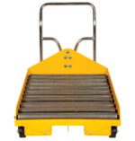 A front view of a yellow hand truck, similar to the Vestil Battery Transfer Platform W/Casters, shows a sturdy metallic handle and two black wheels, enhanced by metal rollers for easy movement.