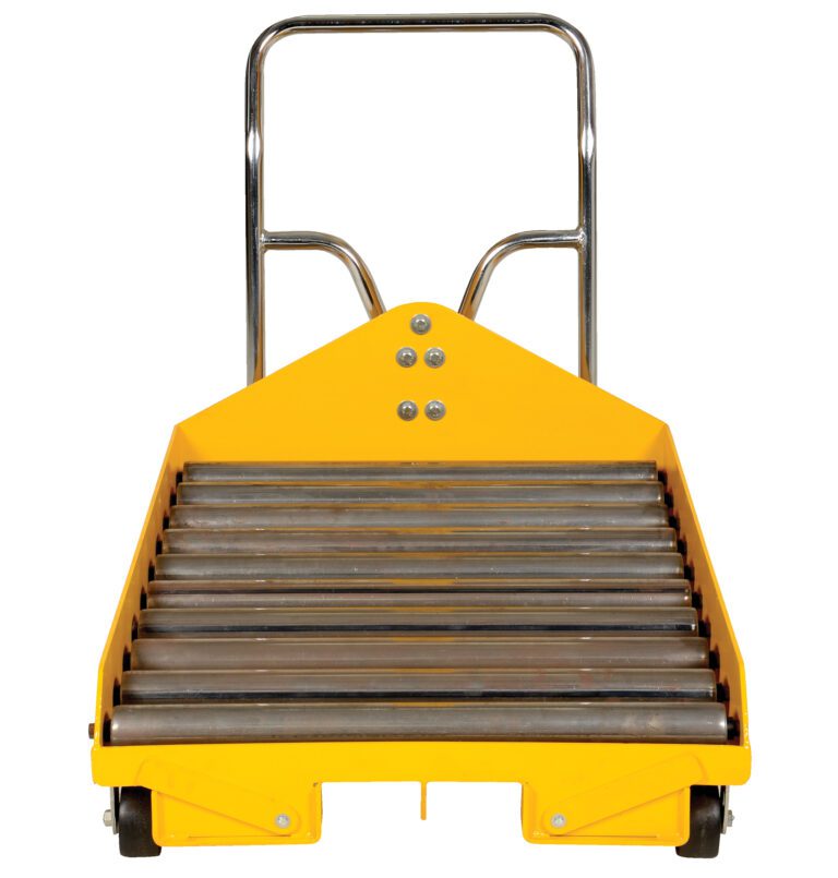 A front view of a yellow hand truck, similar to the Vestil Battery Transfer Platform W/Casters, shows a sturdy metallic handle and two black wheels, enhanced by metal rollers for easy movement.
