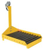 The Vestil Battery Transfer Platform W/Winch has a yellow frame roller conveyor and a hand crank winch on a vertical post, enabling smooth, efficient movement of objects along parallel rotating rollers.