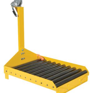 The Vestil Battery Transfer Platform W/Winch has a yellow frame roller conveyor and a hand crank winch on a vertical post, enabling smooth, efficient movement of objects along parallel rotating rollers.