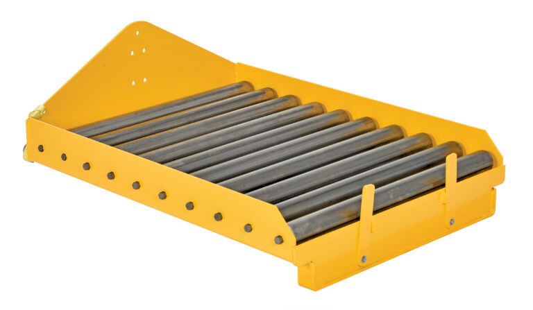 BTC-PJ_A.jpg The Vestil Battery Transfer Platform includes a yellow metal roller conveyor section with multiple cylindrical rollers and a triangular end plate.