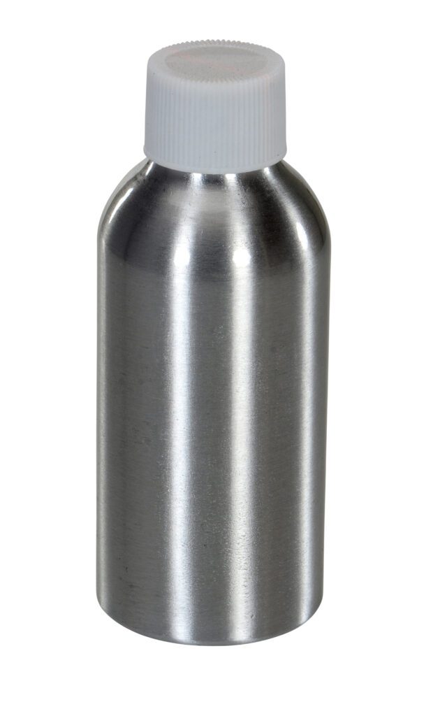 The Vestil Aluminum Metal Bottle 2 Oz features a sleek silver cylindrical design with a white screw-on cap. Its smooth, reflective surface stands upright against a plain white background, combining stylishness with compact functionality.