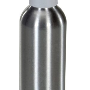 The Vestil Aluminum Metal Bottle 2 Oz features a sleek silver cylindrical design with a white screw-on cap. Its smooth, reflective surface stands upright against a plain white background, combining stylishness with compact functionality.