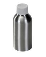 The Vestil Aluminum Metal Bottle 4 Oz features a sleek cylindrical design with a white plastic screw cap, and its smooth reflective surface stands out against the white background.