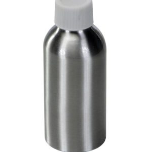 The Vestil Aluminum Metal Bottle 4 Oz features a sleek cylindrical design with a white plastic screw cap, and its smooth reflective surface stands out against the white background.