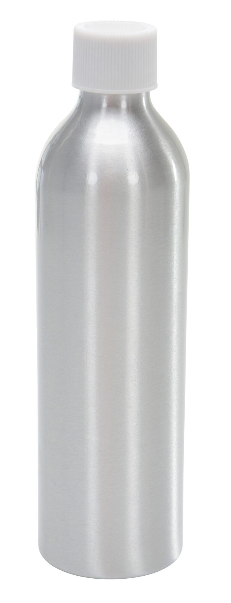BTL-MA-8_A.jpg The Vestil Aluminum Metal Bottle 8 Oz gleams with a silver finish and a white plastic screw cap, standing upright on a plain white background.