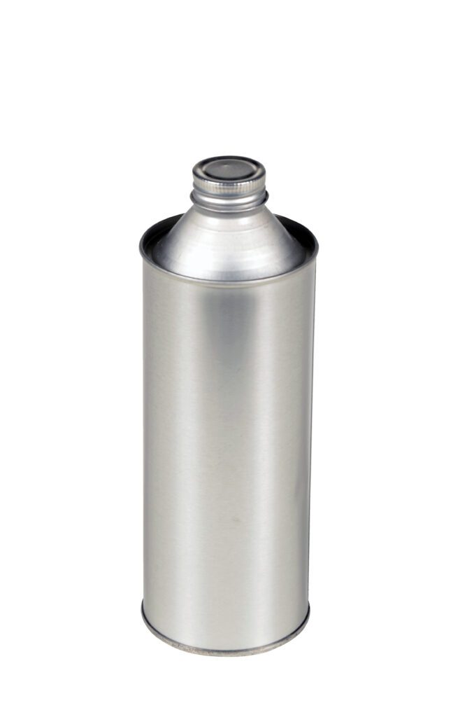 A silver, cylindrical 16 oz Vestil Tin-Plate Metal Bottle with a threaded neck stands out against a white background, featuring an unlabelled, sleek design and a smooth, shiny finish.