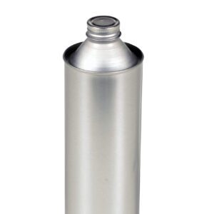 A silver, cylindrical 16 oz Vestil Tin-Plate Metal Bottle with a threaded neck stands out against a white background, featuring an unlabelled, sleek design and a smooth, shiny finish.
