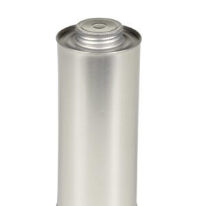 The Vestil Tin-Plate Metal Bottle 32 Oz is a sleek, tall silver can with a cylindrical design and a screw-top lid, elegantly isolated on a white background.