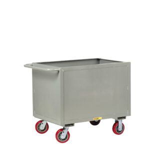 The Little Giant Sheet Steel Box Truck is a grey, rectangular industrial cart with an open top, equipped with four sturdy red wheels and a handle, designed for heavy-duty use with reinforced edges for stability and durability.