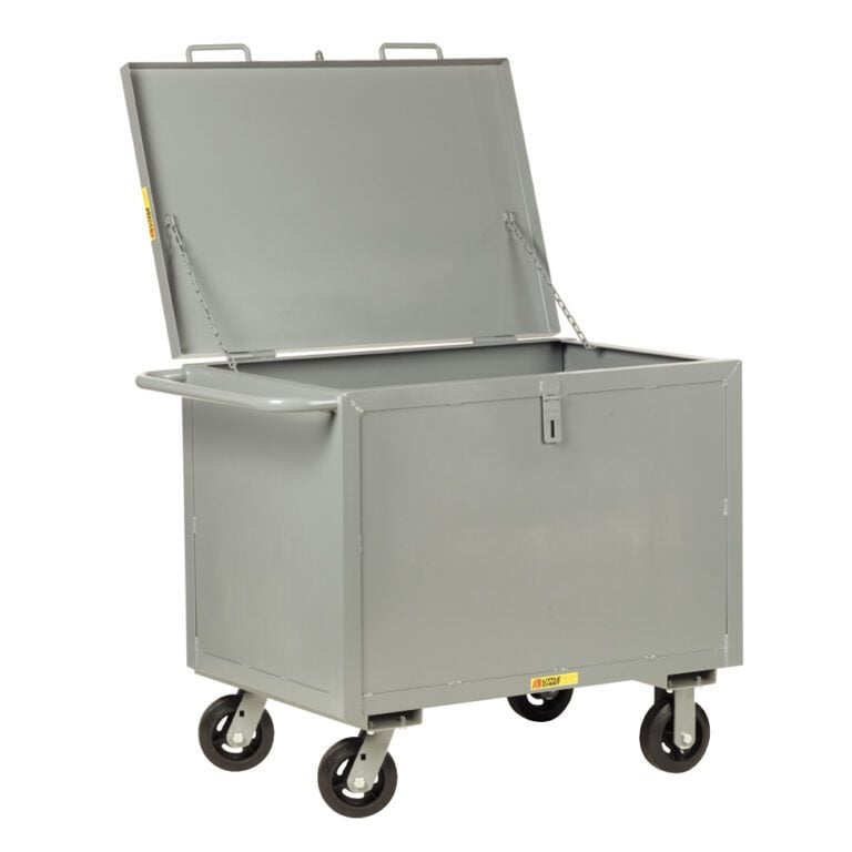 The Little Giant Sheet Steel Box Truck with Hinged Lid is a large, gray, rectangular steel container on wheels. It features side handles and an open-up lid, ideal for industrial or commercial applications.