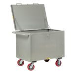 The Little Giant Sheet Steel Box Truck, gray with red wheels, includes a hinged lid and side handle for secure storage and easy transportation.