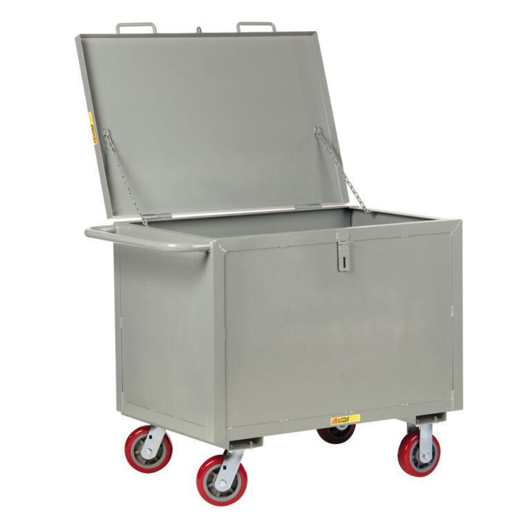 The Little Giant Sheet Steel Box Truck, gray with red wheels, includes a hinged lid and side handle for secure storage and easy transportation.