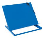 The blue metal drawing board, akin to the durable Vestil Linear Bench Top Tilter 500 Lb 28X36, comes with an adjustable stand and a black clip. Angled for drafting or sketching, its spring mechanism clip ensures papers stay secure.