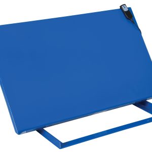 A sleek blue metal bookstand with a backrest and base support, similar to the sturdy design of the Vestil Linear Bench Top Tilter 500 Lb 28X46. Equipped with a small rubber clip at the top right corner to hold pages, it is positioned at a slight angle.
