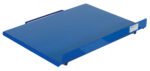 A blue metal loading dock plate with a handle and lip, designed like the Vestil Manual Bench Top Tilter 600 Lb 28X36. Its smooth surface is ideal for bridging truck-dock gaps and appears slightly angled in the image.