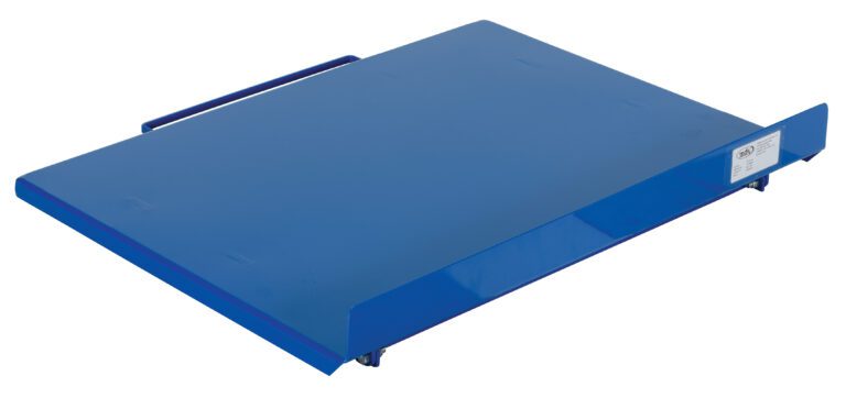 BTT-6-36_A.jpg A blue metal loading dock plate with a handle and lip, designed like the Vestil Manual Bench Top Tilter 600 Lb 28X36. Its smooth surface is ideal for bridging truck-dock gaps and appears slightly angled in the image.