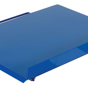 A blue metal loading dock plate with a handle and lip, designed like the Vestil Manual Bench Top Tilter 600 Lb 28X36. Its smooth surface is ideal for bridging truck-dock gaps and appears slightly angled in the image.