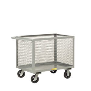 A gray metal mesh utility cart, similar to the Little Giant Expanded Metal Box Truck, has four swivel caster wheels, a side handle, and an open-top design, ideal for transporting items against a plain white background.