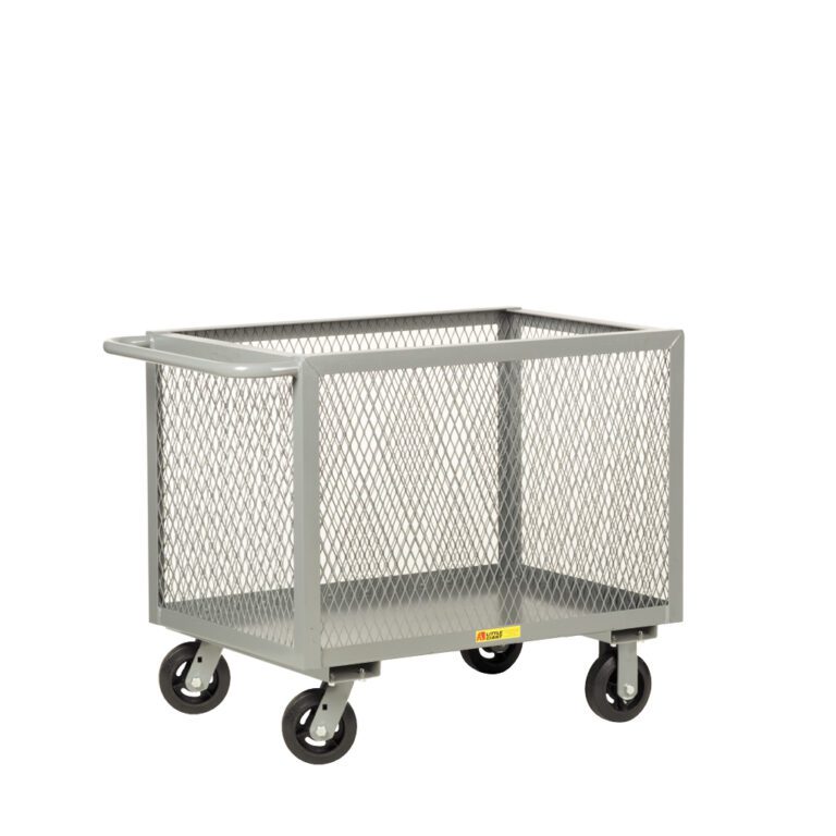 A gray metal mesh utility cart, similar to the Little Giant Expanded Metal Box Truck, has four swivel caster wheels, a side handle, and an open-top design, ideal for transporting items against a plain white background.
