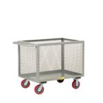 A gray mesh Little Giant Expanded Metal Box Truck features a handle on one side and vibrant red wheels, with a durable rectangular design for carrying items and sturdy wheels for easy mobility.