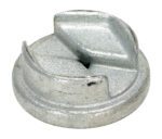 A round silver metal object with a flat base and two raised curved sections on top, resembling the Vestil Zinc Drum Bung Socket 3/8 In Drive, rests on a white background, showcasing its textured surface.