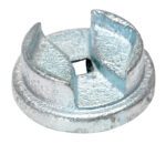 A metallic silver grinder blade with a textured surface features a circular base like the Vestil Zinc Drum Bung Socket 1/2 In Drive, with two curved raised blades and a central square hole, used mainly for grinding and cutting.