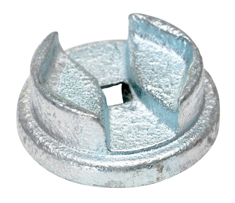 BUNG-S-S2_A.jpg A metallic silver grinder blade with a textured surface features a circular base like the Vestil Zinc Drum Bung Socket 1/2 In Drive, with two curved raised blades and a central square hole, used mainly for grinding and cutting.