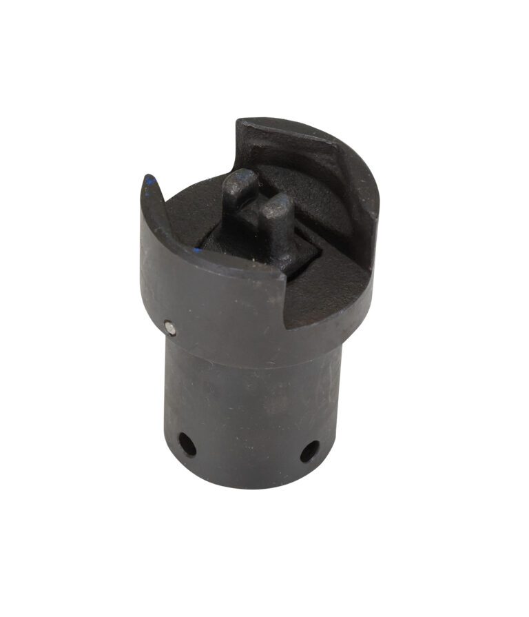 The Vestil Impact Drum Socket 1/2 In Drive is a black metal tool with a cylindrical base and a U-shaped top with two prongs, ideal for specific mechanical or automotive applications.