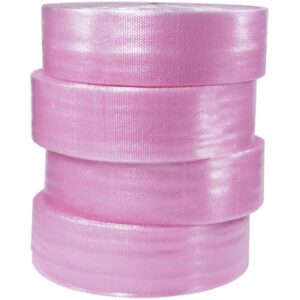 Four MH-USA 1/2 x 12 x 250 Anti-Static Air Bubble Rolls are stacked vertically. The pink textured foam, perfect for protective packaging, is aligned and appears new.