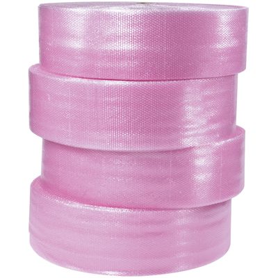 BW316S24AS.jpg Four vertically stacked cylindrical rolls of MH-USA 3/16 x 24 x 750 Anti-Static Air Bubble Wrap with a glossy texture provide excellent packaging and cushioning for items.