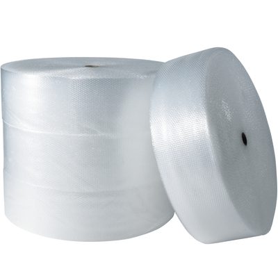 BW51648.jpg Three large MH-USA 5/16 x 48 x 375 Air Bubble Rolls are stacked, with two upright and one leaning. The bubble wrap texture highlights its cushioning purpose against a plain white background.