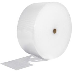 A large roll of transparent adhesive bubble wrap, MH-USA 3/16 x 12 x 300, is unfurled on a white background. This roll, coiled around a cardboard core, provides ample cushioning for packaging needs at 300 feet per roll.