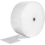 A large MH-USA 3/16 x 12 cohesive air bubble roll partially unrolled, reveals its textured surface with a visible cardboard core in the center.