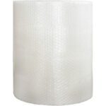 A large MH-USA 1/2 x 48 x 250 Strong Grade Air Bubble Roll (250 Roll) stands upright against a white background, with its tightly wound wrap displaying a textured surface of small, raised air-filled bubbles for packaging cushioning.
