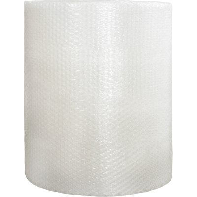 BWHD1248.jpg A large MH-USA 1/2 x 48 x 250 Strong Grade Air Bubble Roll (250 Roll) stands upright against a white background, with its tightly wound wrap displaying a textured surface of small, raised air-filled bubbles for packaging cushioning.