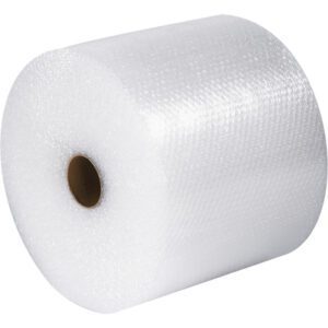 A large roll of MH-USA 1/2 x 48 x 125 Parcel Ready Perforated Air Bubble Roll is displayed vertically against a white background, highlighting its textured protective surface.