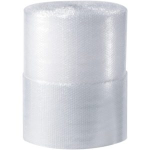 Two large rolls of MH-USA 1/2 x 24 x 125 Parcel Ready Air Bubble Wrap stand upright, their slightly reflective plastic revealing textured bubbles. Tightly wound against a plain white backdrop, these rolls are ideal for shipping and storage needs.