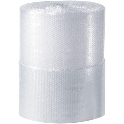 BWUP516S24.jpg Two large rolls of MH-USA 5/16 x 24 x 188 Parcel Ready Air Bubble Wrap, standing upright against a plain white background, showcase their shiny texture and effective protective cushioning properties.