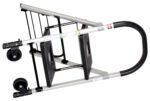 The Vestil Aluminum Ladder Cart 2 Steps 250 Lb features a foldable design, black steps, and a sleek silver frame with wheels for portability. It supports up to 250 lbs and has a curved black handle for support, with visible side stickers when closed.