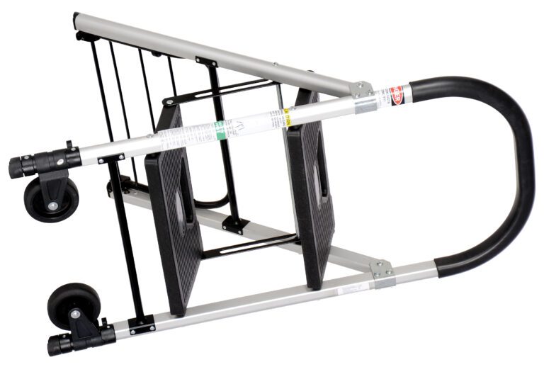 C-130-2_A.jpg The Vestil Aluminum Ladder Cart 2 Steps 250 Lb features a foldable design, black steps, and a sleek silver frame with wheels for portability. It supports up to 250 lbs and has a curved black handle for support, with visible side stickers when closed.