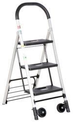 Meet the Vestil Aluminum Ladder Cart 3 Steps 250 Lb, boasting a sleek silver frame and three sturdy black steps. Its curved handle ensures easy grip, while two wheels offer smooth portability. It supports up to 250 lbs, blending modern design with functionality.