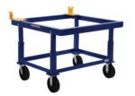 The Vestil Transporter W/Tilt & Adjust Height 4K, featuring a blue metal frame and four black wheels with two yellow corner brackets, is perfect for heavy loads with its adjustable functionality.